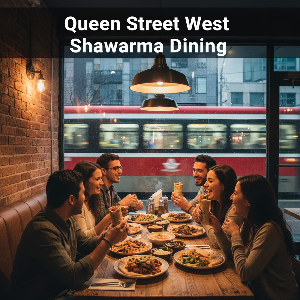 friends enjoying shawarma wraps and plates at a Queen Street West restaurant in downtown Toronto
