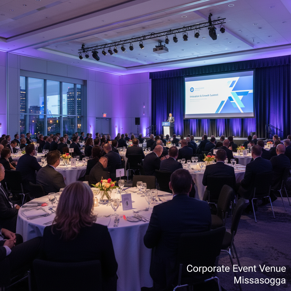 Corporate and social event setup at a Mississauga event venue ballroom