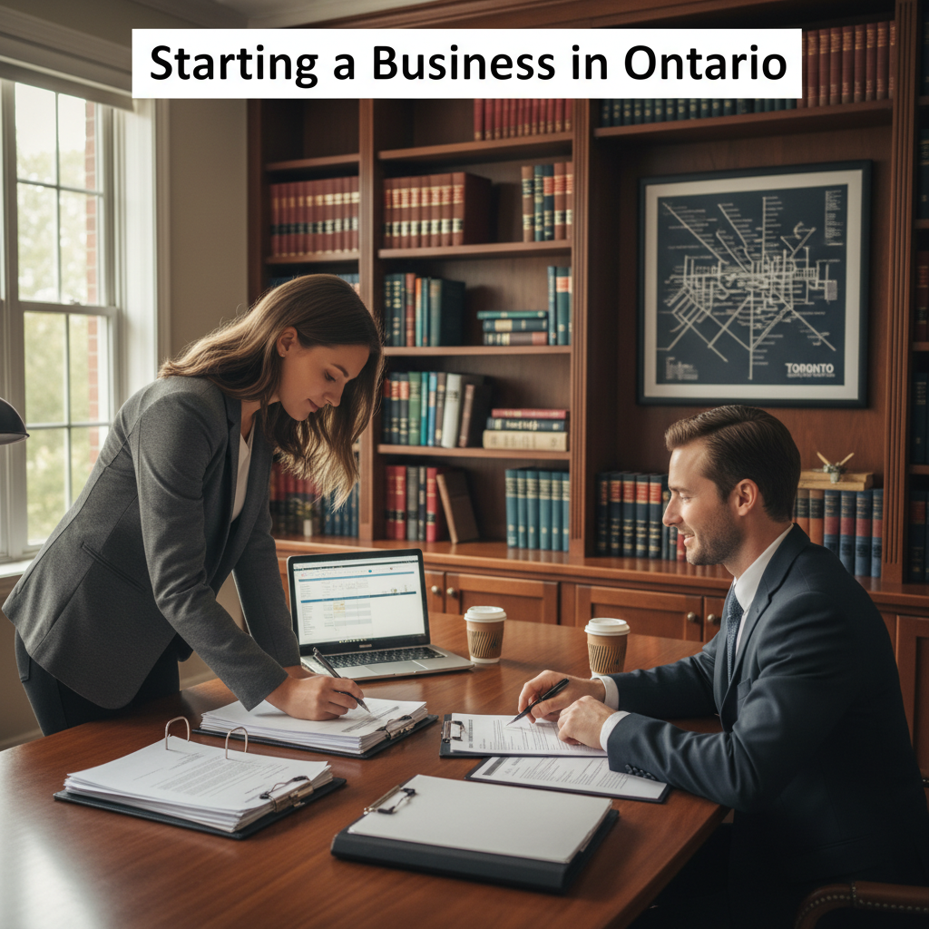 Toronto startup owner signing incorporation papers with a business formation lawyer