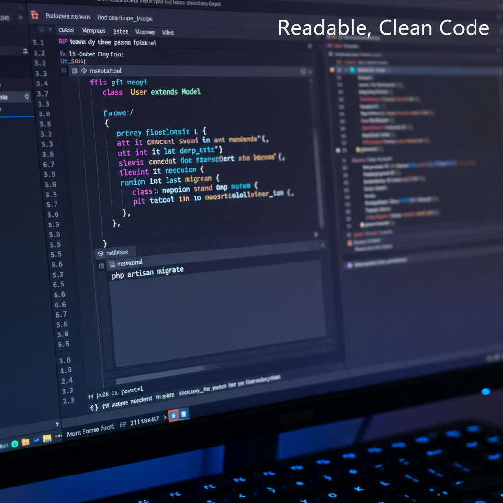 Close-up of clean Laravel code in a professional editor – application development company best practices