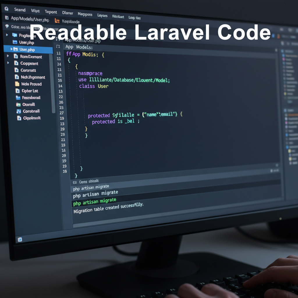 Laravel development company code editor with readable PHP model and artisan migrate command
