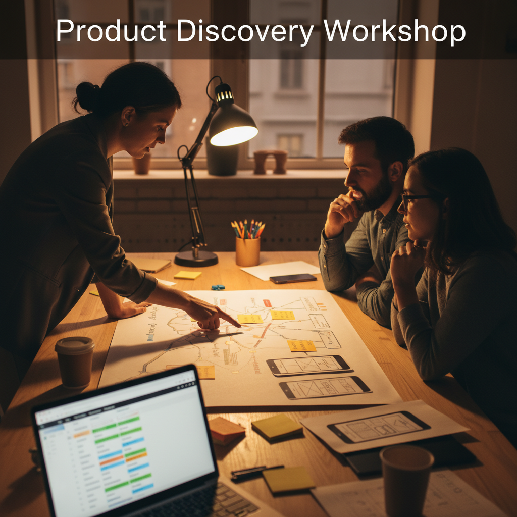 Product discovery workshop with user journey map and app wireframes on table in ON., Canada