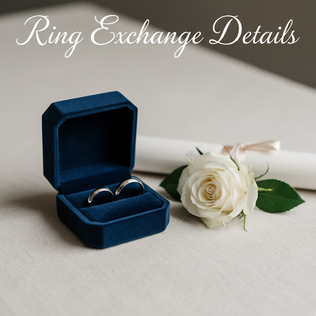 Traditional wedding ceremony ring exchange details with wedding rings, script, and boutonniere