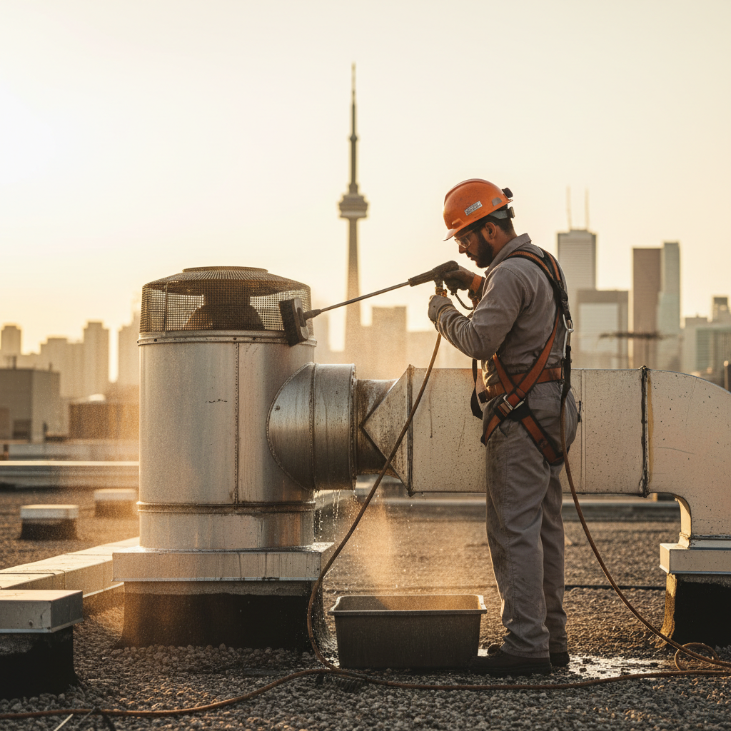 Rooftop exhaust fan cleaning on a Toronto restaurant, showing certified ventilation system cleaning with safety gear