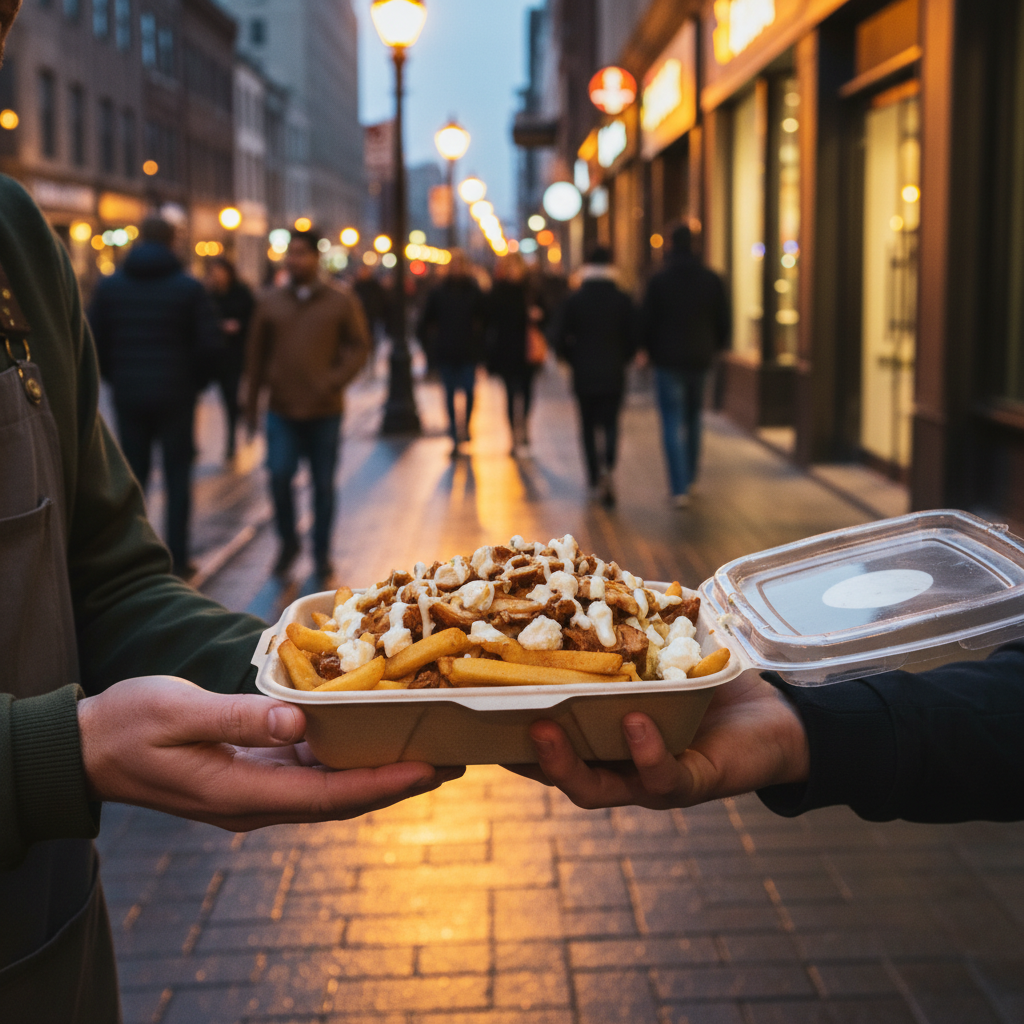 Takeout shawarma poutine being handed to a customer on Queen Street West at dusk in Toronto