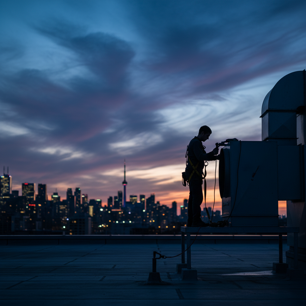 Rooftop exhaust fan service at dusk in the GTA with technician working safely and Toronto skyline in background