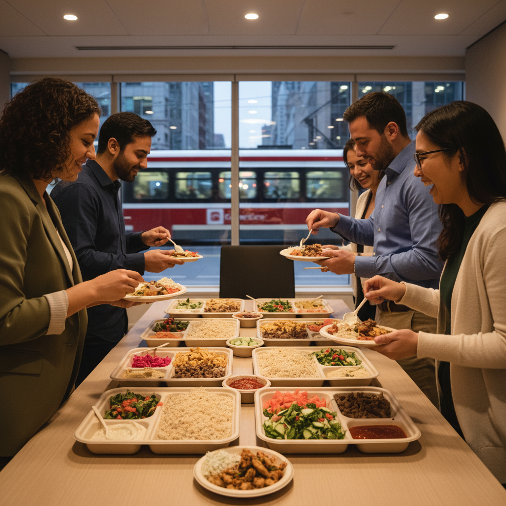 Team serving from a build-your-own shawarma buffet bar in a Toronto office, eco-friendly trays with proteins, rice, salads, and sauces