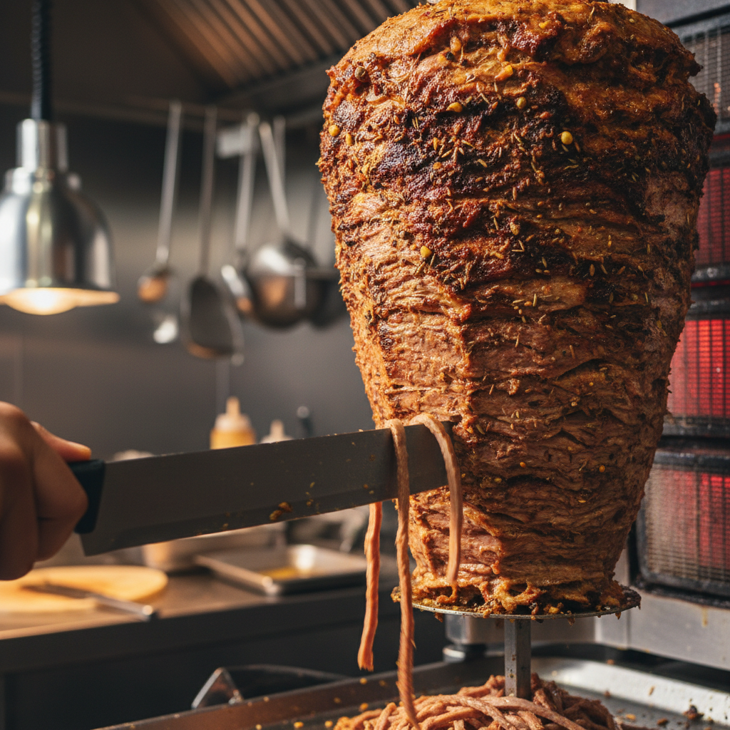 Close-up of authentic shawarma carved from a rotisserie for shawarma catering Toronto corporate events, crispy edges and spices visible