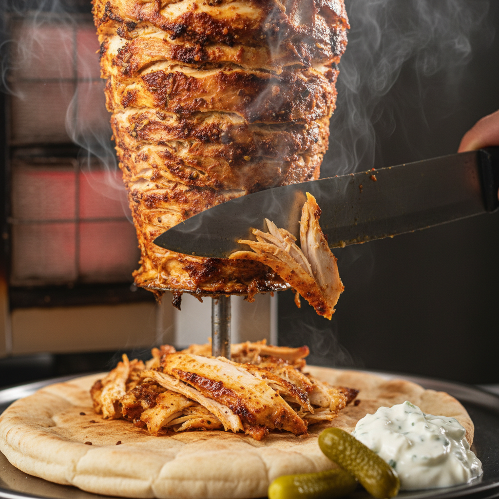 Close-up of chicken shawarma shaved from rotisserie with caramelized edges, authentic Middle Eastern shawarma in Toronto