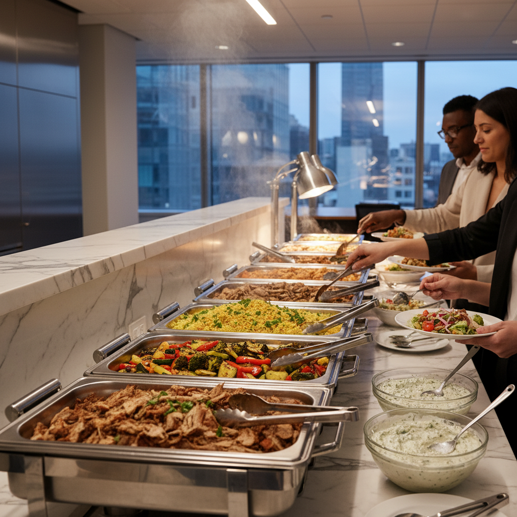 Corporate catering buffet with shawarma, saffron rice, roasted vegetables, and salads in a downtown Toronto office