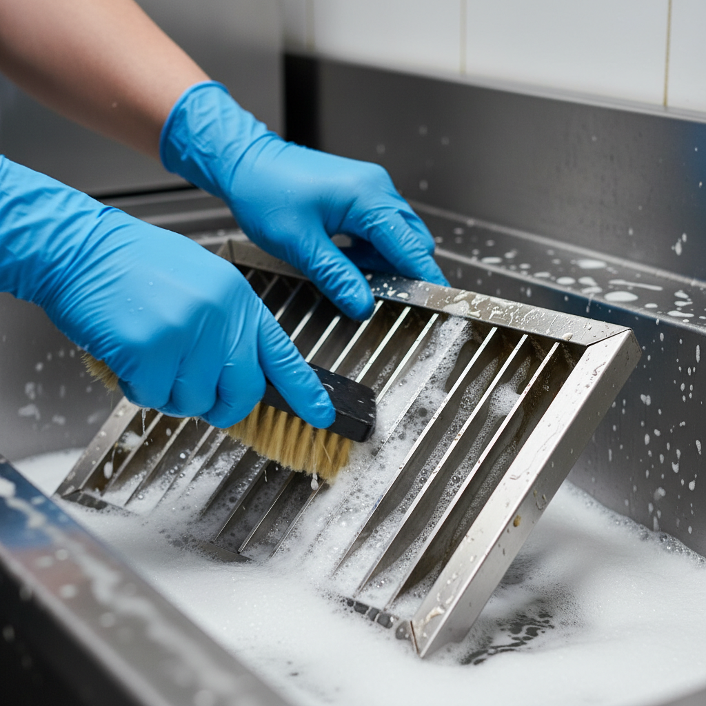 Close-up of baffle filter degreasing during hood cleaning services in Ontario