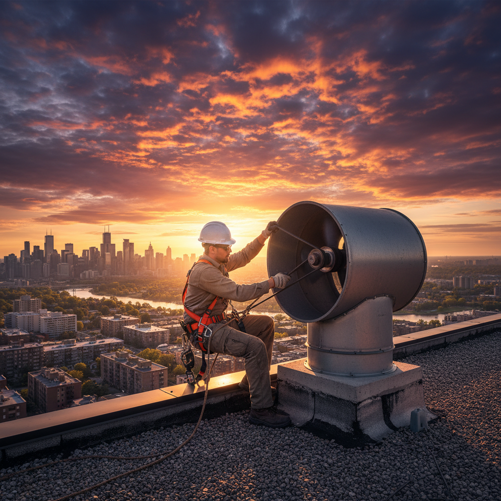Technician replacing a rooftop exhaust fan belt on an Ontario restaurant at sunset
