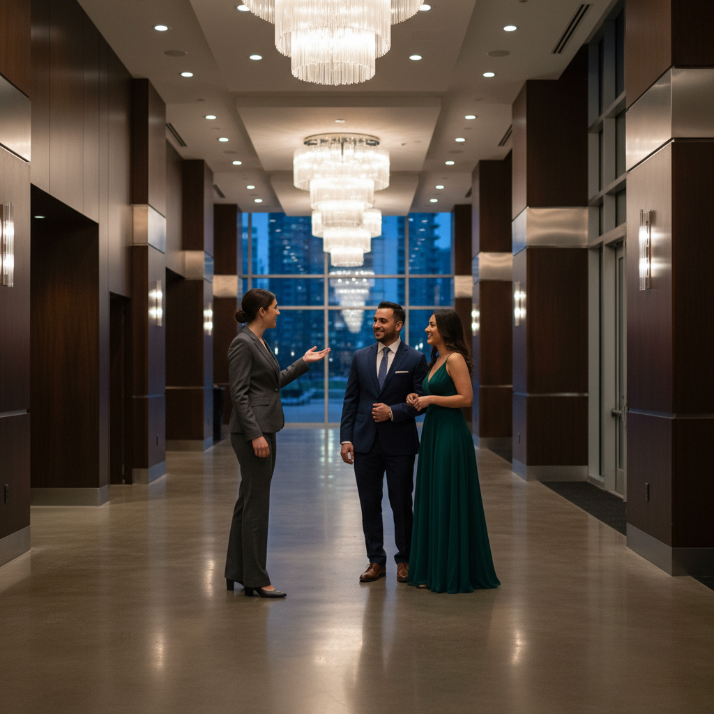 Event coordinator guiding a couple through a Woodbridge banquet hall foyer near Vaughan