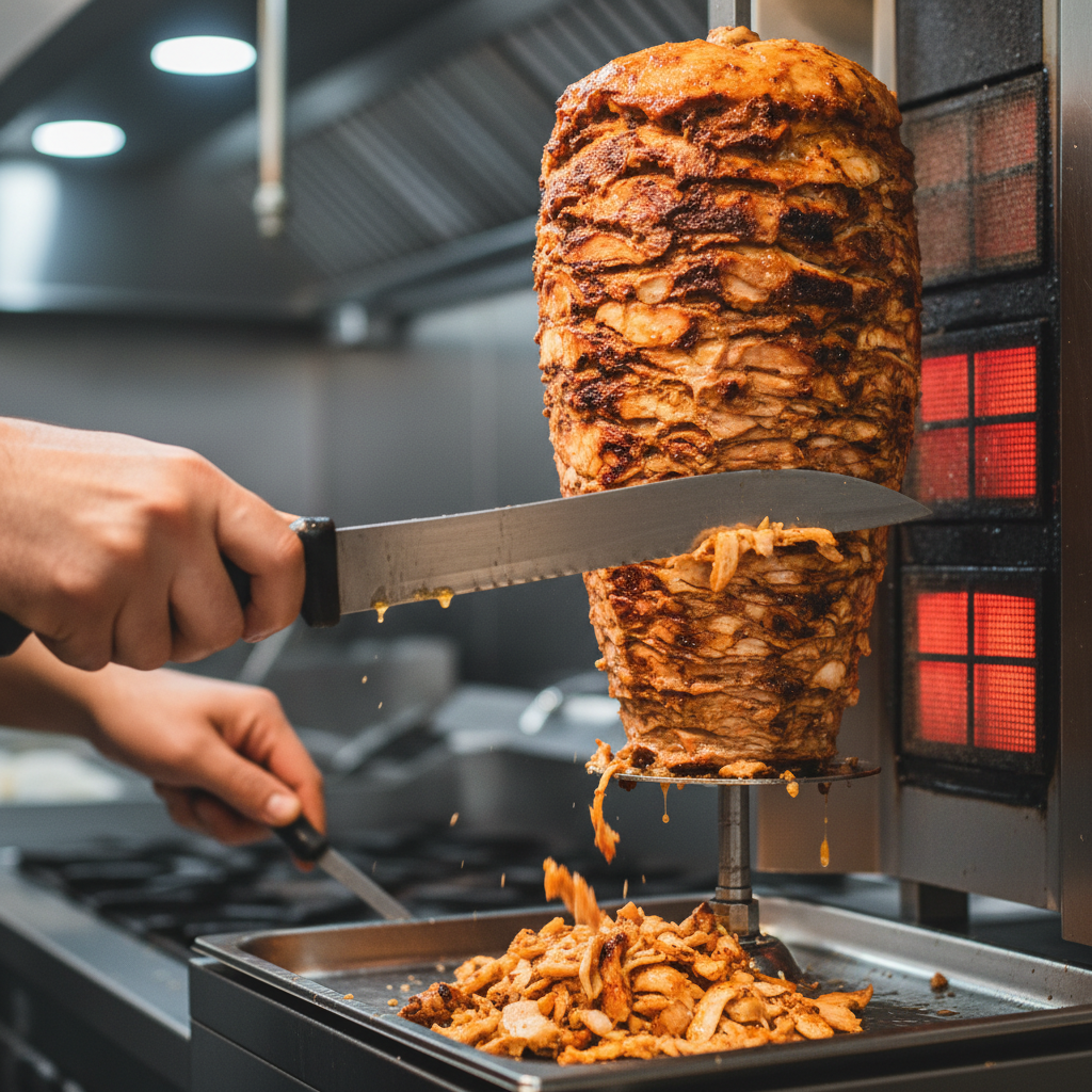 Close-up of authentic Turkish shawarma carving for Mediterranean catering services in Toronto