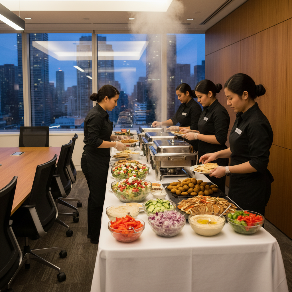 Catering team setting up a Mediterranean buffet in a Toronto office boardroom with chafing dishes and salads