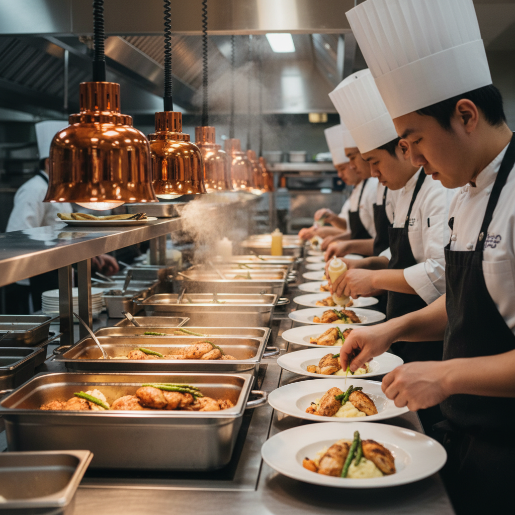 Chefs plating entrées in a modern commercial kitchen, illustrating in-house catering workflow at a Woodbridge wedding venue
