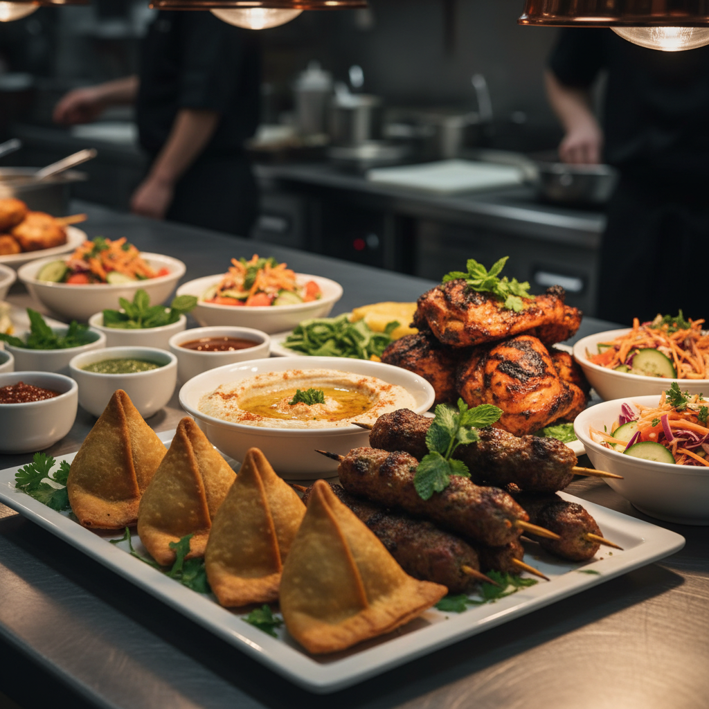 Close-up of multicultural event catering being plated in Mississauga kitchen, showcasing South Asian, Middle Eastern, and Caribbean dishes for a banquet hall with catering