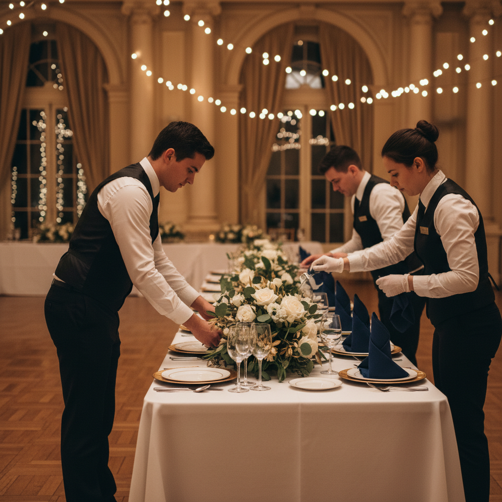 Event staff setting an elegant banquet table in a Mississauga ballroom, fine glassware and floral centerpieces being arranged