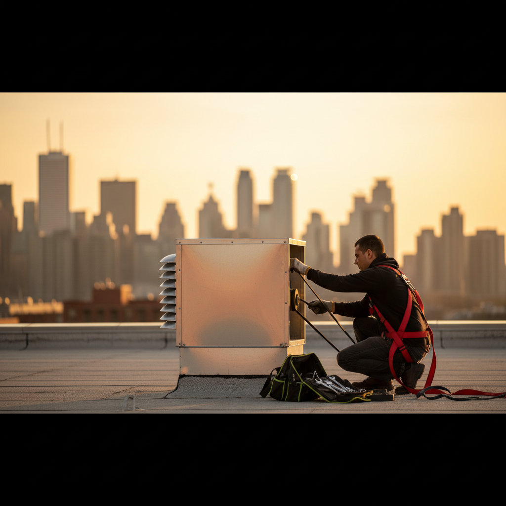 Technician replacing an exhaust fan belt on a rooftop during certified hood cleaning service in Ontario