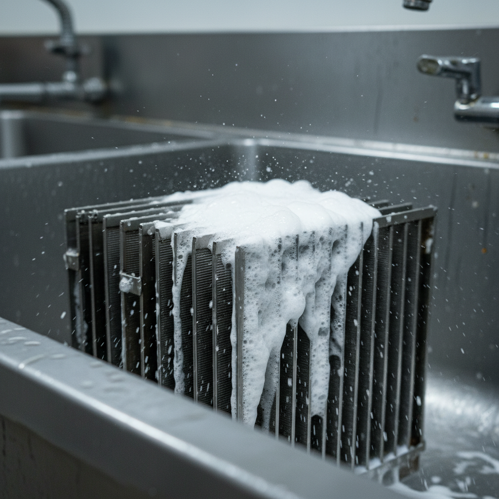 Close-up of baffle filter cleaning with foaming degreaser during NFPA96 certified hood cleaning in Ontario