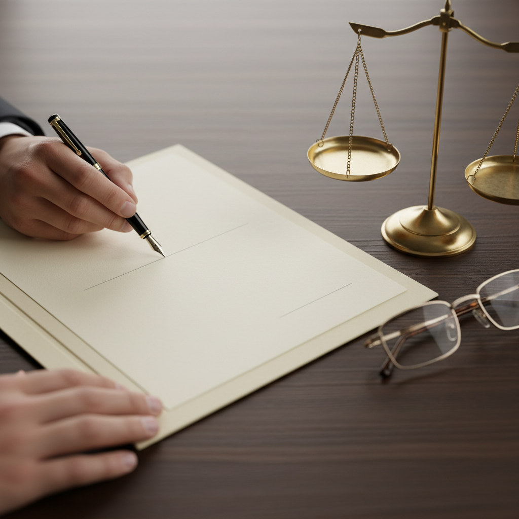 Close-up of hands preparing to sign a contract during independent legal advice meeting in Toronto, showing pen, scales of justice, and glasses on desk
