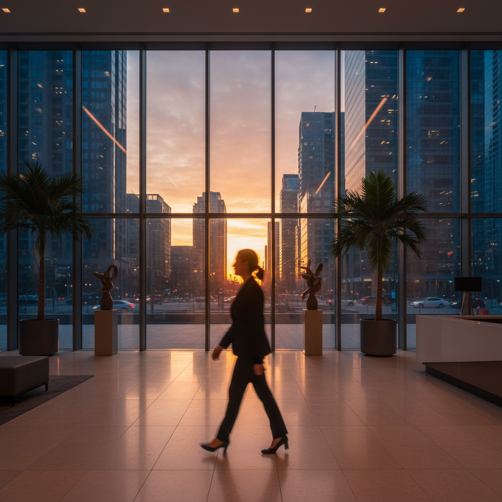 Professional walking into a Toronto office lobby near the financial district, representing access to independent legal advice services in the GTA