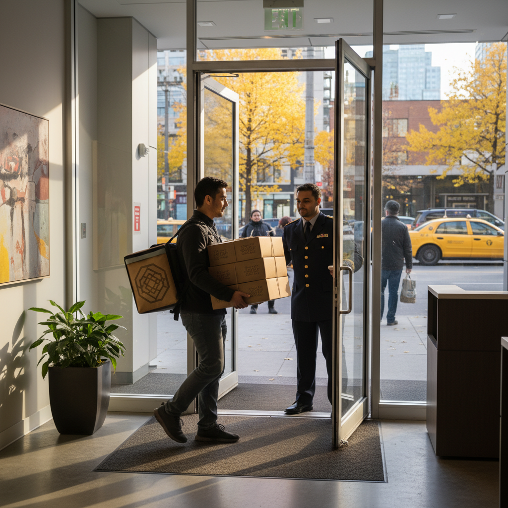 Eco-friendly Middle Eastern catering boxes delivered to a downtown Toronto office lobby for corporate catering