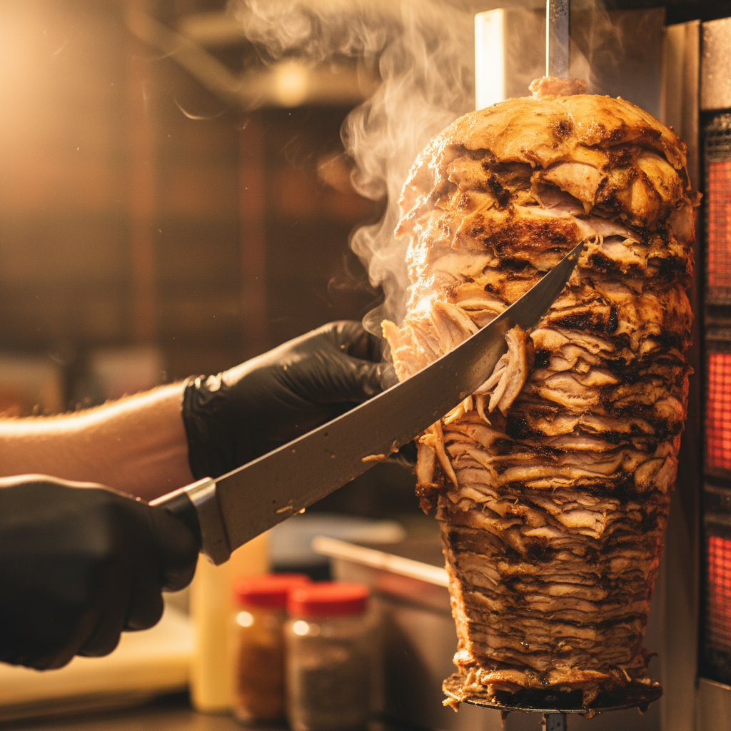 Close-up of chef carving chicken shawarma on a vertical spit for corporate catering Toronto Middle Eastern events
