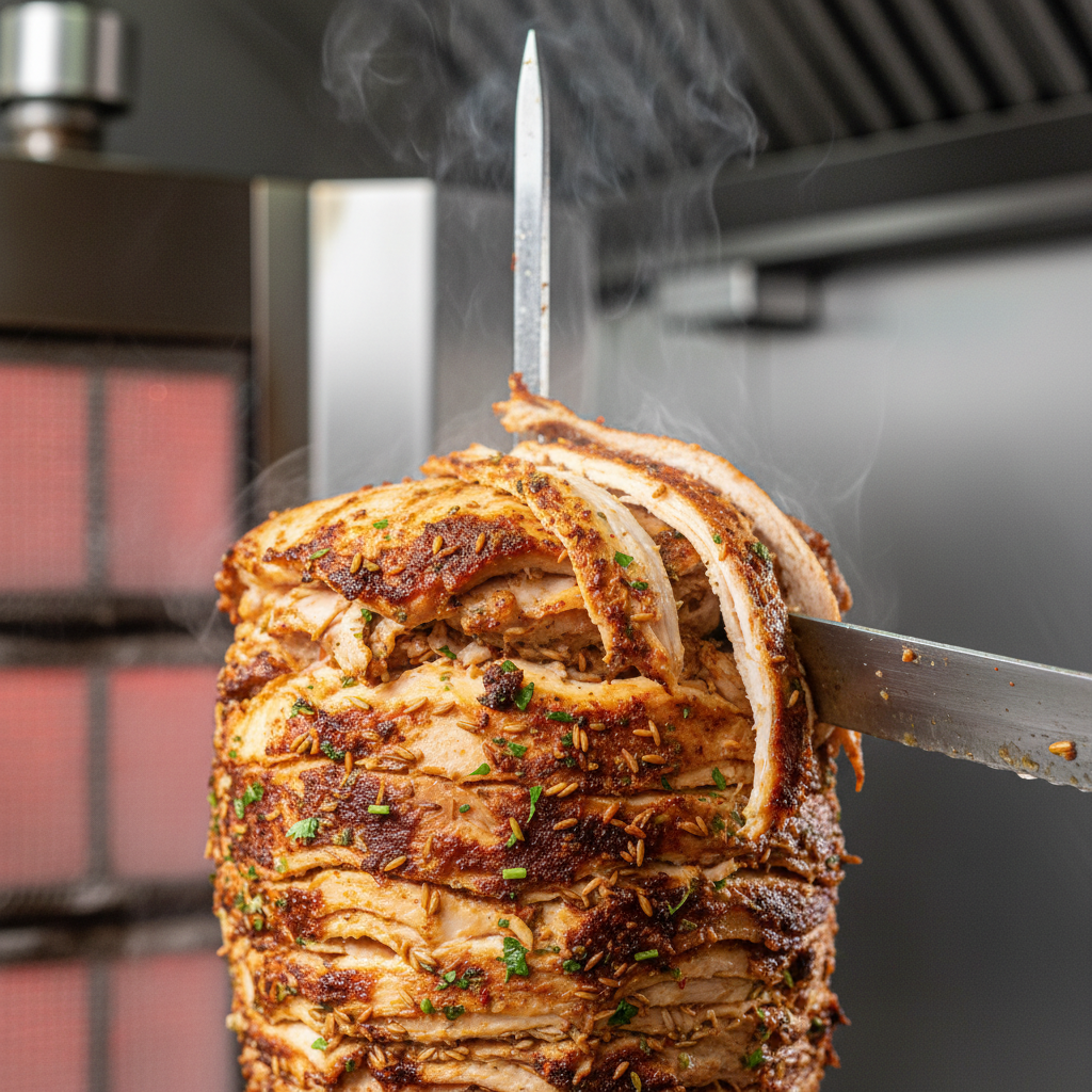 Close-up rotisserie chicken shawarma shaved with crispy edges and steam for shawarma delivery Toronto