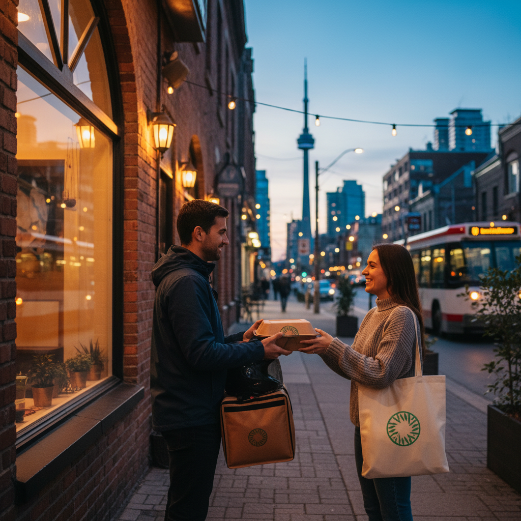 Delivery handoff at dusk outside a Mediterranean restaurant in Toronto for quick shawarma delivery and pickup