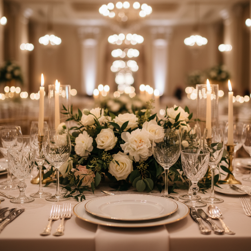 Elegant wedding table setting at a luxury banquet hall in Toronto with crystal glassware, gold accents, and floral centerpiece