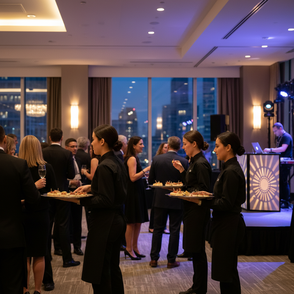 Modern banquet hall reception scene in Toronto with waitstaff serving hors d'oeuvres and ambient lighting