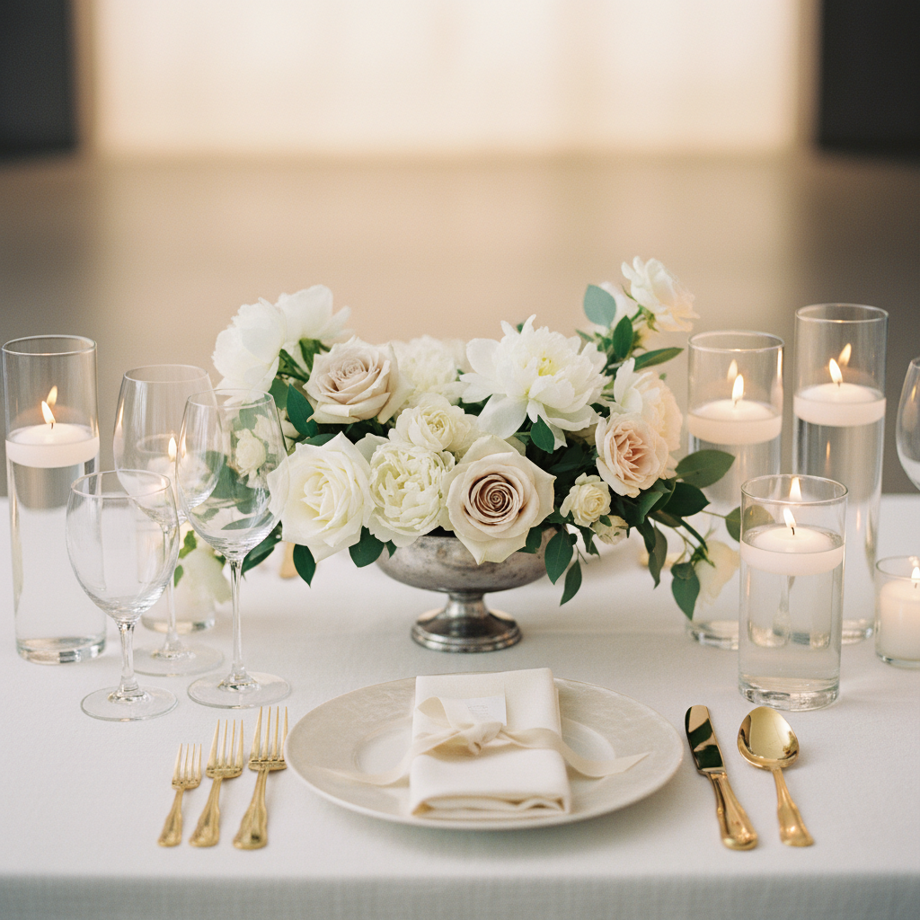 Elegant wedding table setting in a large wedding venue in Mississauga with crystal glassware, gold flatware, and floral centerpiece