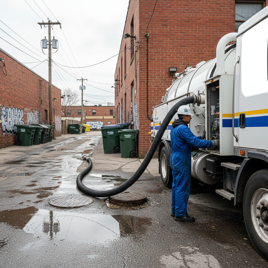Vacuum truck hose servicing an outdoor grease interceptor at an Ontario restaurant during professional grease trap cleaning services