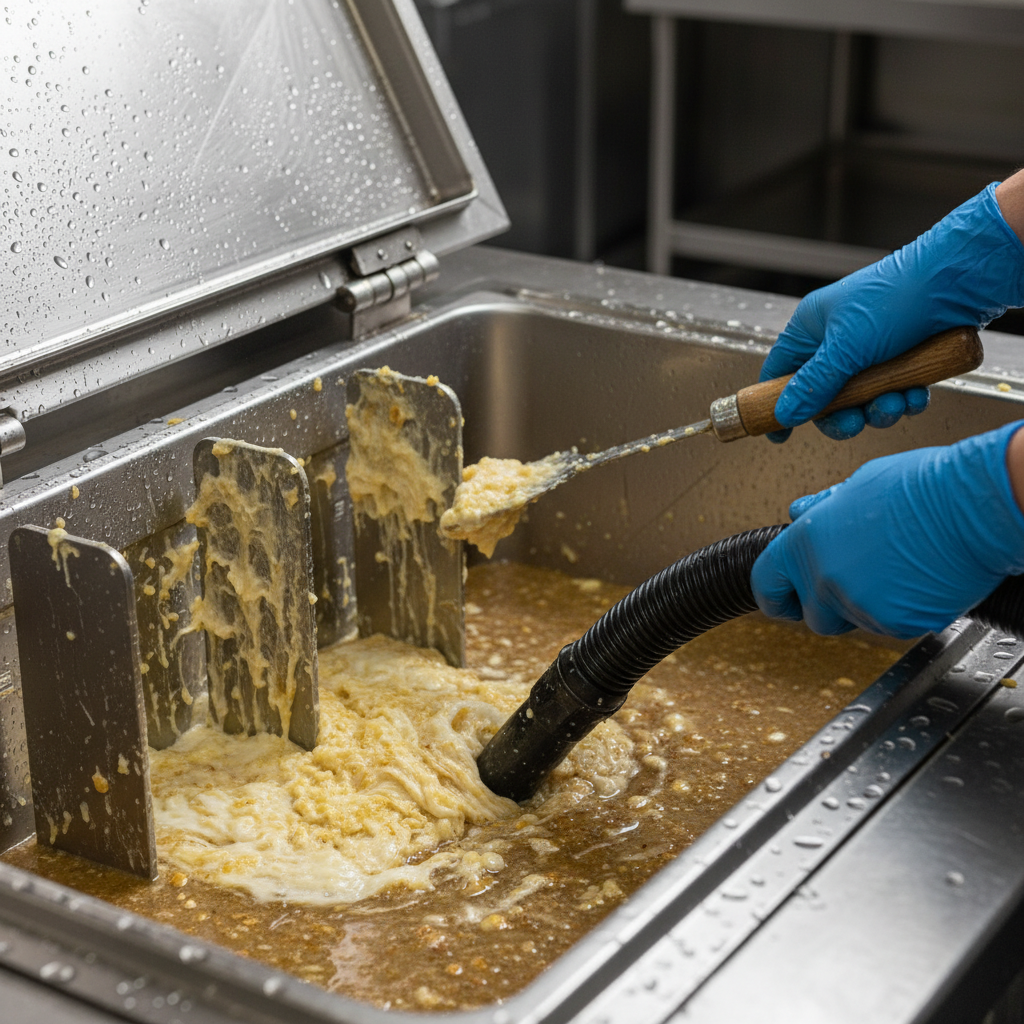 Close-up of an open grease trap with baffles and FOG during professional grease trap cleaning services in Ontario