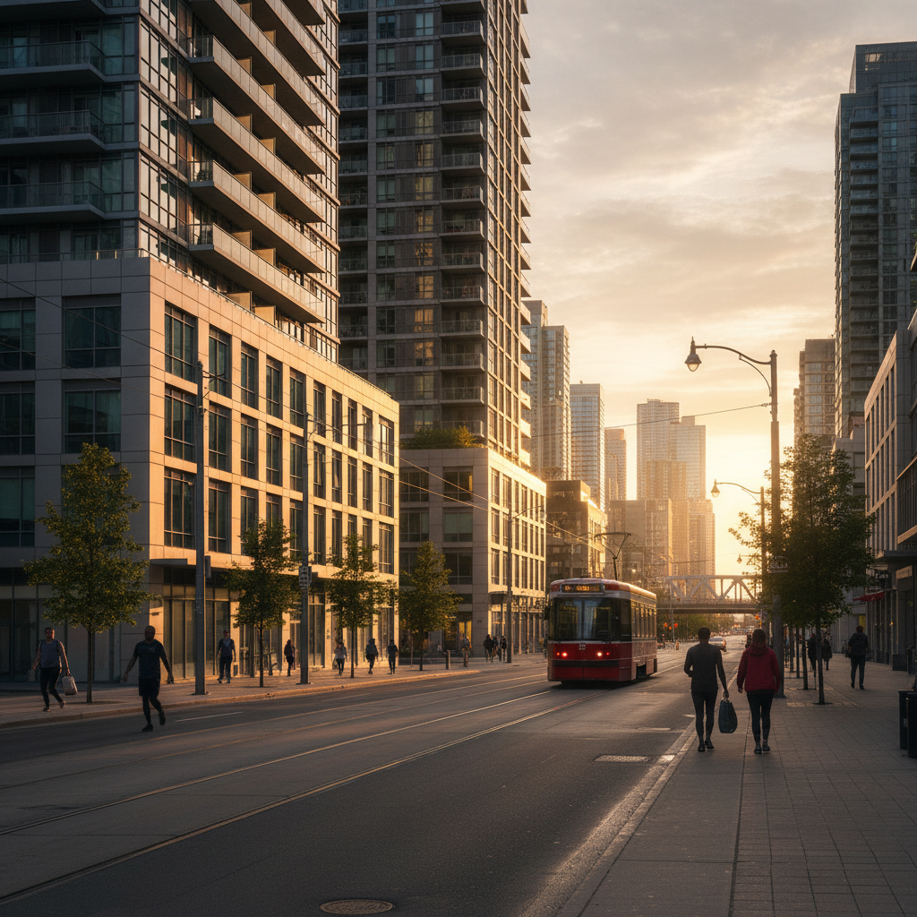 Toronto condos at sunset along a streetcar line – local real estate market context for buyers using a real estate lawyer in Toronto