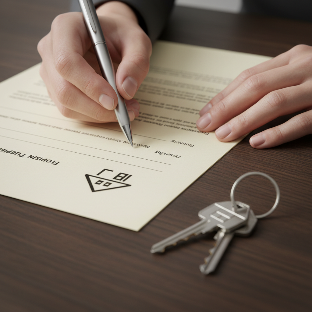 Close-up of signing a property transfer with keys and pen – real estate lawyer Toronto handling documents