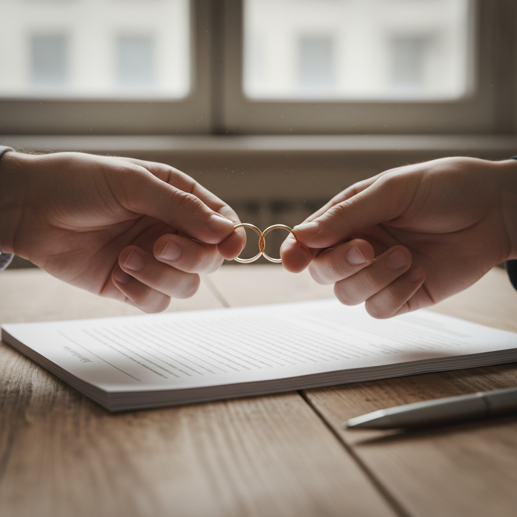 Close-up of wedding rings and legal papers representing a family lawyer in Toronto helping with separation agreements