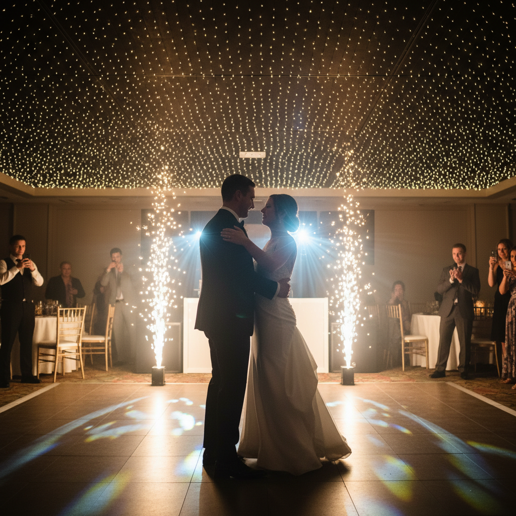 First dance under dynamic lighting with safe cold spark fountains in a modern ballroom, illustrating a technologically advanced wedding venue