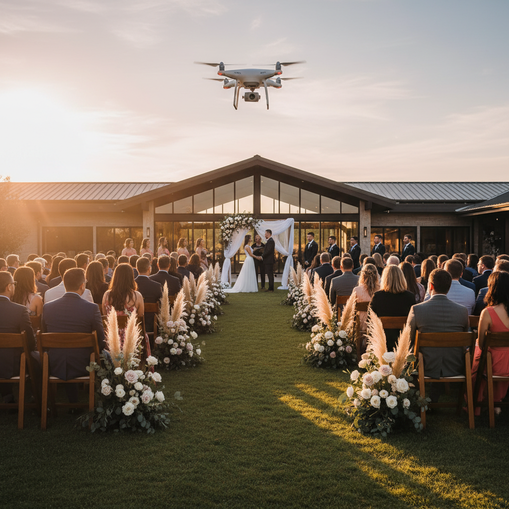 Drone capturing aerial footage of an outdoor wedding ceremony at sunset with a modern venue in the background