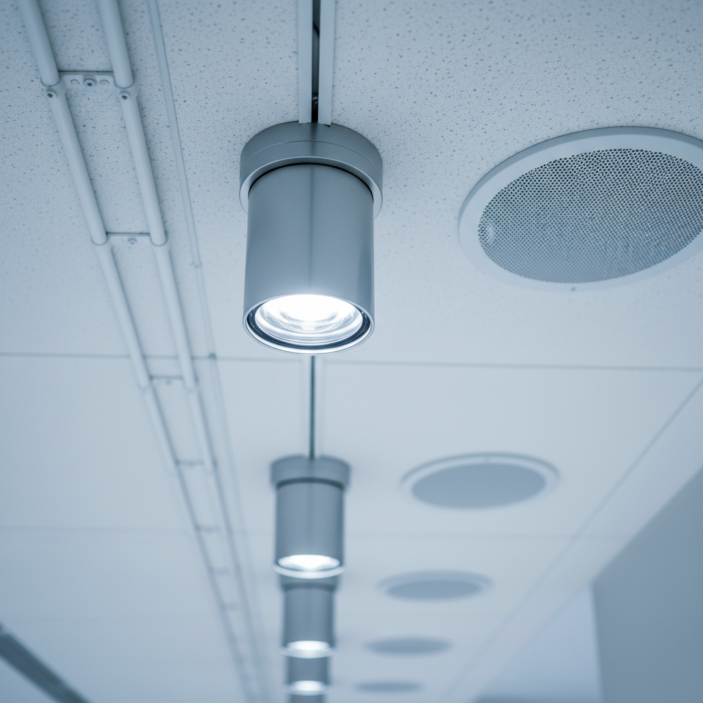 Close-up detail of smart lighting and discreet ceiling speakers in a technologically advanced wedding venue