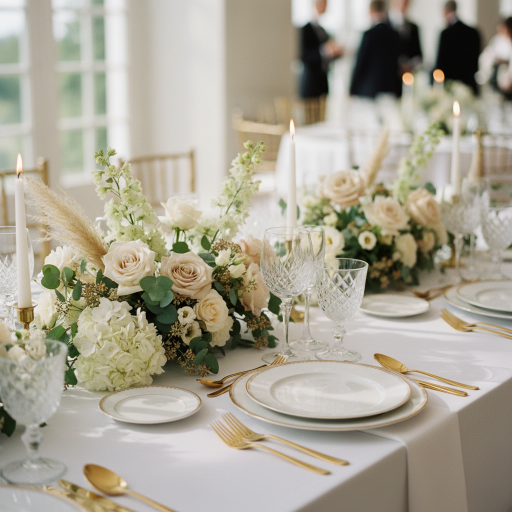 Elegant wedding table setting at a modern event space in Woodbridge with crystal glassware, gold flatware, and neutral florals