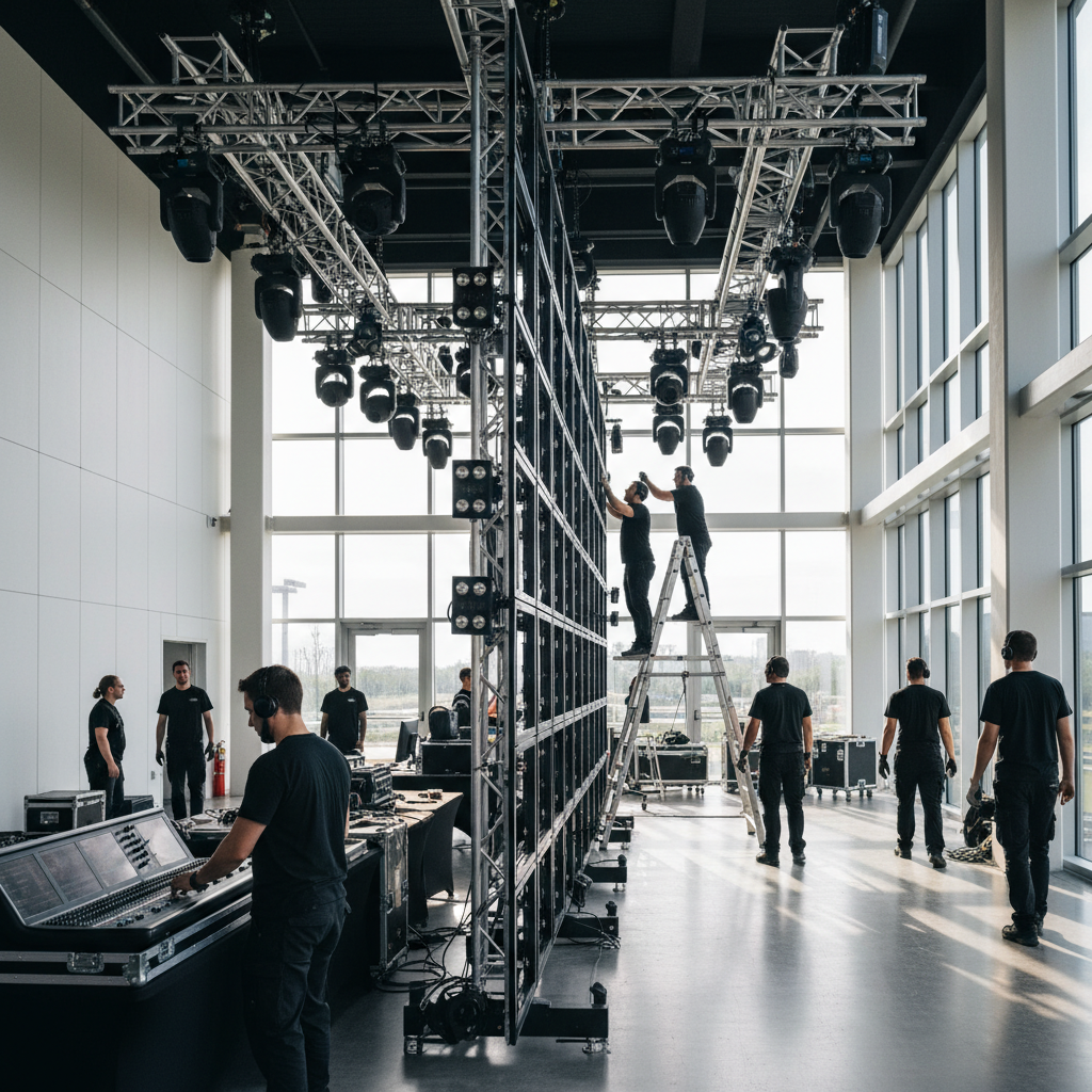 Technicians setting up an LED wall and intelligent stage lighting inside a contemporary Woodbridge event venue
