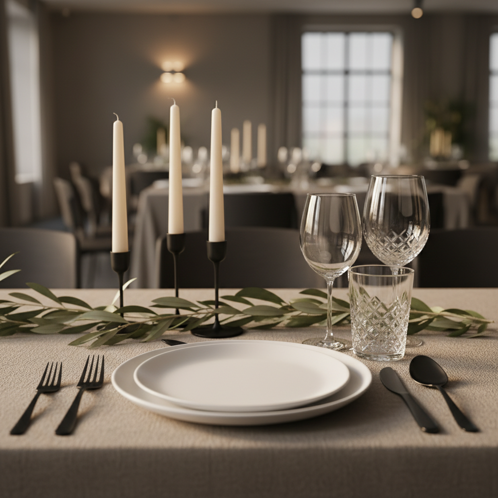 Elegant table setting detail in a modern event space Woodbridge venue with minimalist centerpiece and crystal glassware