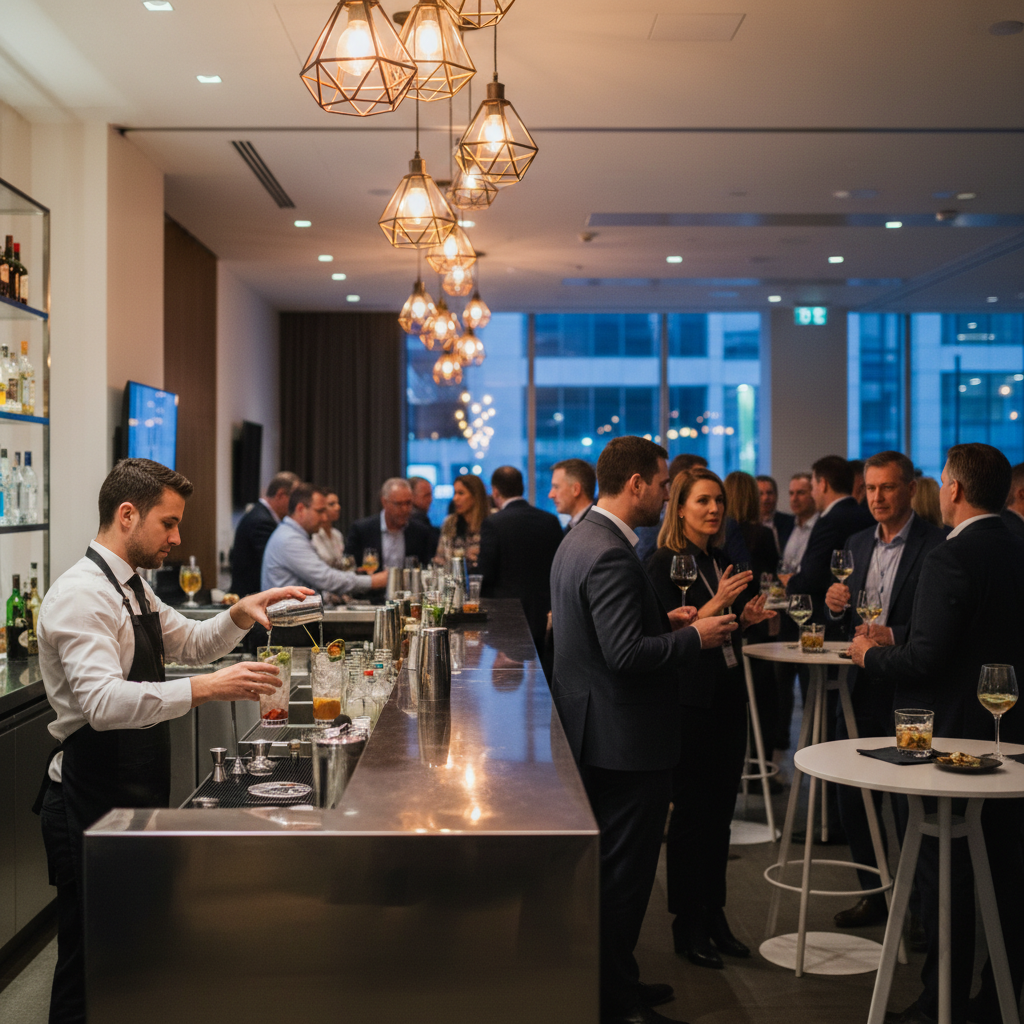 Corporate networking reception in a modern event space near Woodbridge with sleek bar and pendant lights