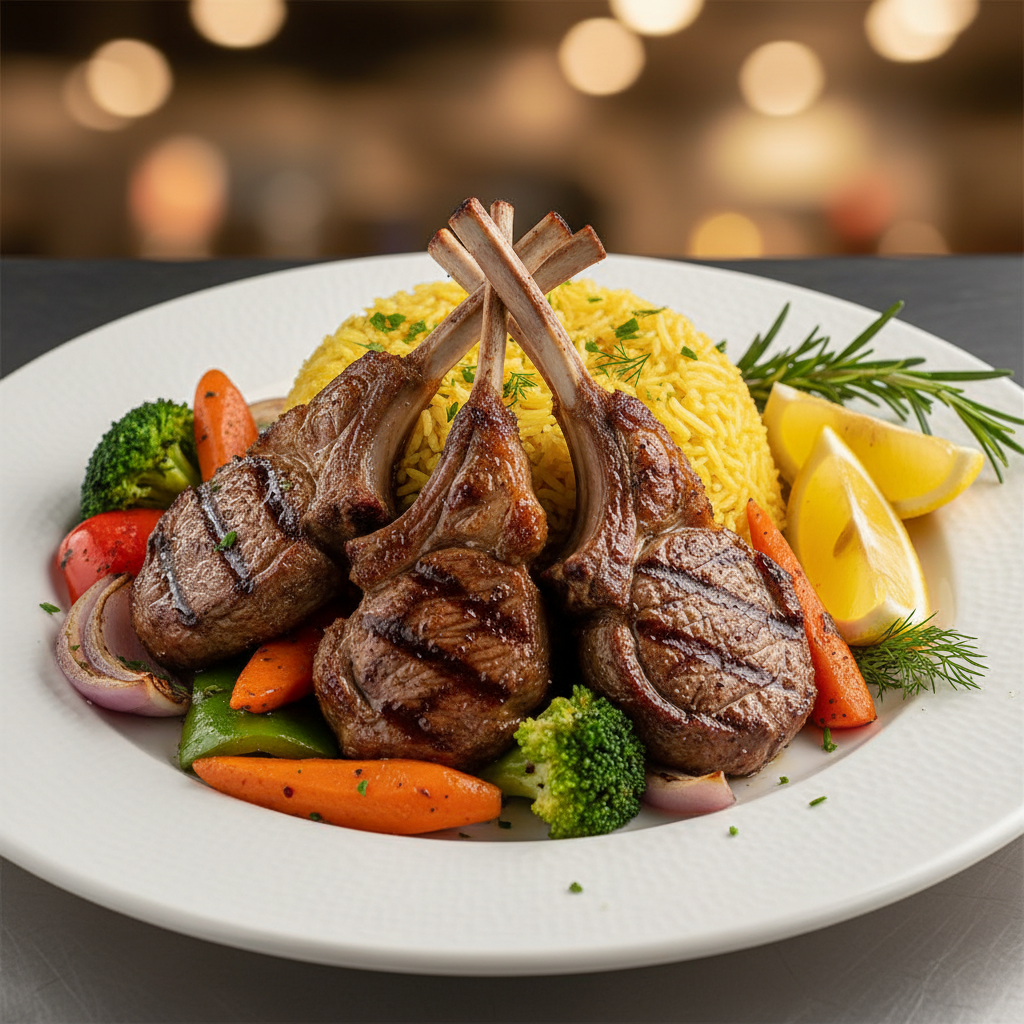Close-up of halal wedding banquet plate with grilled lamb, saffron rice, and vegetables at a halal catering venue in Mississauga