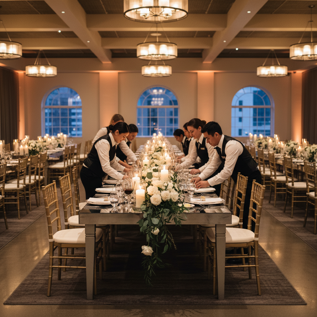 Event staff preparing elegant halal wedding tables under high ceilings at a Mississauga ballroom