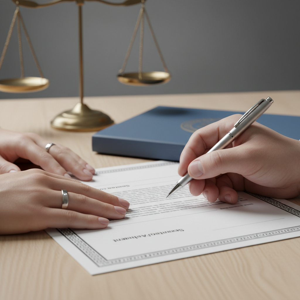 close-up of signing a separation agreement with wedding rings and pen, family lawyer Mississauga legal document detail