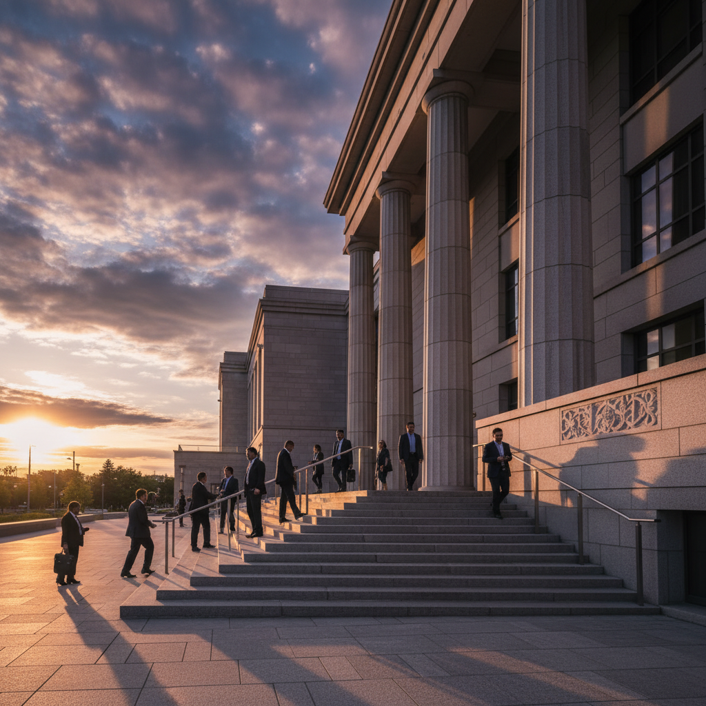 Peel Region courthouse steps near Mississauga, family law court context, side-angle exterior photograph