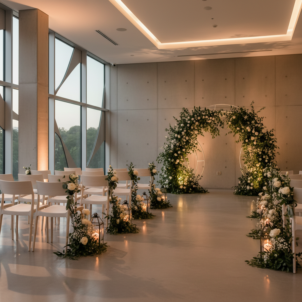 Indoor wedding ceremony aisle with floral arrangements and lanterns in a contemporary Woodbridge venue, showcasing full-service amenities